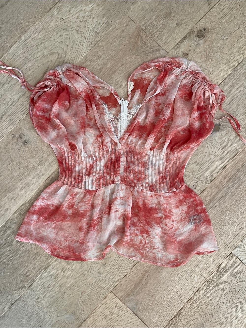 POL Sheer Coral and White Tie-Dye Peplum Blouse